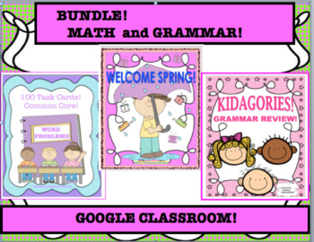 Preview of Spring Math and Grammar Word Problems Google Classroom Independent Work