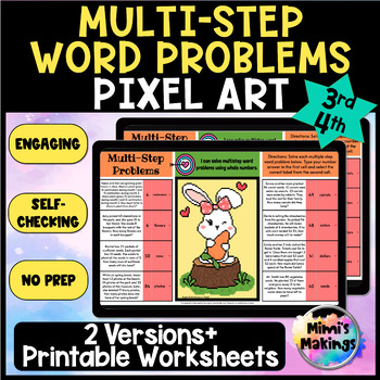 Preview of Spring Multi-Step Word Problems Pixel Art with Printables - Four Operations