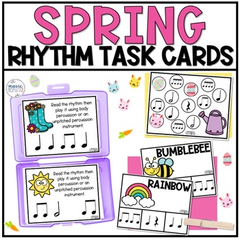 Preview of Spring Music Activities - Music Task Cards - Rhythm Worksheet & Stations
