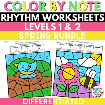Preview of Spring Music Coloring Pages - Color by Note Rhythm Worksheets Bundle