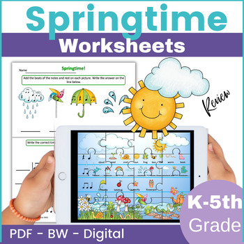 Preview of Spring Music Notes Value Worksheets Time Signatures, Coloring Pages for Review
