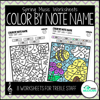 Preview of Spring Music Worksheets: Color by Note Name - Treble Staff