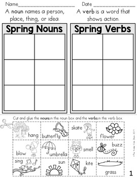 Preview of Spring Noun and Verb Sort (Parts of Speech Worksheets)