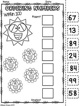 spring ordering numbers within 100 cut paste worksheet
