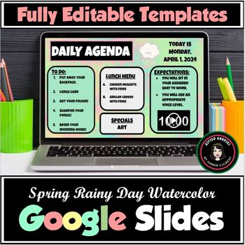 Preview of Spring Rainy Day Watercolor Daily Agenda Morning Meeting Google Slides Templates