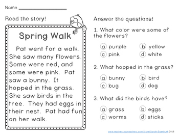Spring Reading Prehension Passages First Grade By Sarah
