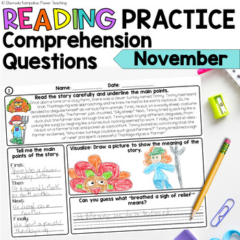 Preview of Fall Reading Comprehension Questions and Fluency Practice Thanksgiving November