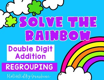 Preview of Spring Regrouping Double Digit Addition Task Cards, Solve The Rainbow, Scoot