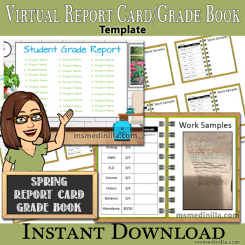 Preview of Spring Report Card, Digital Grade Book, Editable Template, Add Bitmoji & Links