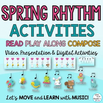 Spring themed elementary music rhythm activities with video and drag and drop google slides, digital images for online and in person music class lessons. These activities are interactive and engaging as well as seasonally friendly for Springtime elementary music lessons. Students love moving the images into the boxes to create their very own rhythm patterns. Keep engagement high in your virtual classes using interactive google slides activities. 
