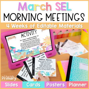 Preview of Spring SEL Morning Meeting Slides March Activities, Questions, Greetings, Games