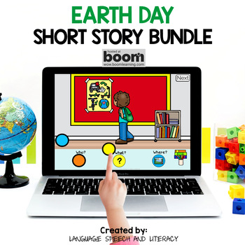 Preview of Earth Day Speech Therapy Story Telling, Language Boom Cards, WH Questions, GIFs