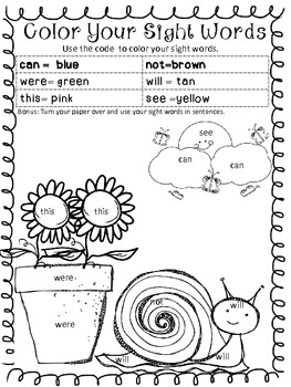 Preview of Spring Sight Word Coloring Page