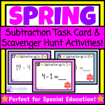 Preview of Spring Math Task Cards Write the Room Subtraction Scavenger Hunt Activities