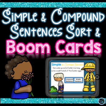 Preview of Spring Simple and Compound Sentences Boom Cards and Print Bundle