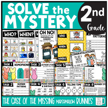 Preview of Spring Solve the Mystery Math & ELA Task Card Activity 2nd Grade