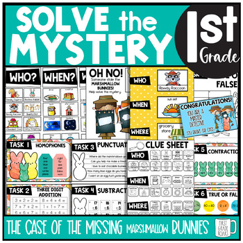 Preview of Spring Solve the Mystery Math & ELA Task Card Activity