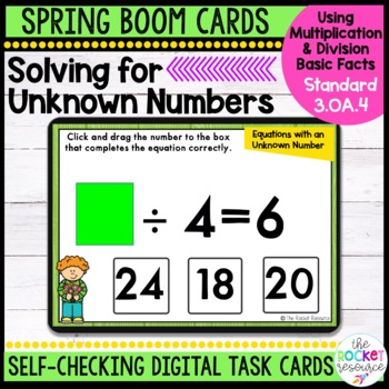 Preview of Spring Solving for Unknown Numbers Multiplication & Division BOOM™ Cards 3.OA.4