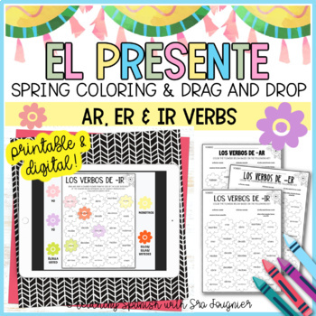 Preview of Spring Spanish Present Tense Ar Er Ir Verbs Drag and Drop Coloring Activity
