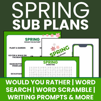 Preview of Spring Sub Plans- Word Search/Writing/Poetry/Word Scramble/Activity/Worksheets