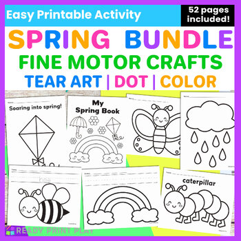 Preview of Spring Tear Art Crafts | Fine Motor Umbrella Kite | Butterfly Bee Coloring Page