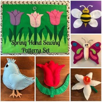 Preview of 6 Spring Theme Hand Sewing Patterns- Bee, Butterfly, Bluebird, Flower Patterns