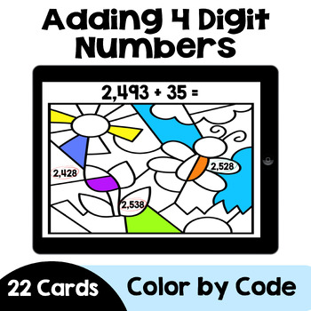Preview of Spring Themed Adding 4 Digit Numbers Color by Code Boom Cards