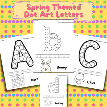 Preview of Spring Themed Alphabet Dot Art, Upper Case Tracing Letters, Handwriting Practice