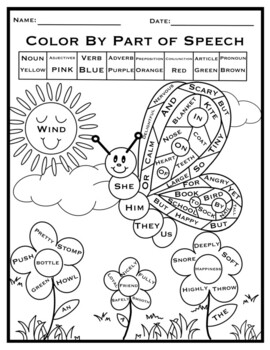 Preview of Spring Themed Color By Parts of Speech Coloring Page