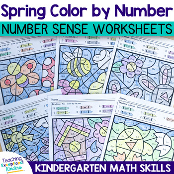 Preview of Spring Themed Color by Number Kindergarten Math Worksheets