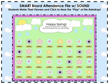 Preview of Spring Themed Flowers and Raindrops SMART Board Attendance Activity w/ SOUND