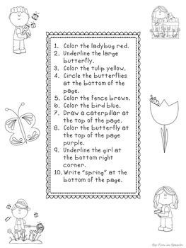 Spring Following Directions Worksheets for Speech and Language Therapy