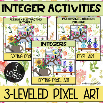 Preview of Spring Themed Integers Pixel Art BUNDLE for Middle School Math | Excel + Sheets