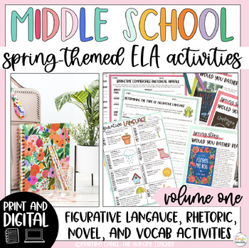 Preview of Spring-Themed Middle School ELA Rhetoric Figurative Language and Theme Bundle