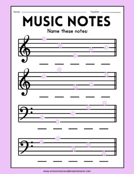 Preview of Spring Themed Music Theory Music Note Identification Sheet for Beginners