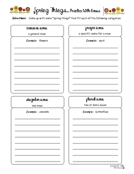 spring things types of nouns printable worksheet by