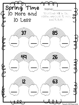 Spring Time 10 More and 10 Less Worksheets. Preschool-KDG Math and Numbers.