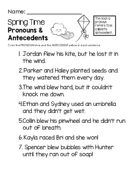 Results for pronouns and antecedents worksheets TPT