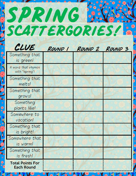 scattergories list 9 answers