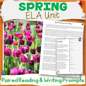 Preview of Spring Unit - Bell Ringers, ELA Paired Reading Activity Packet, Writing Prompts