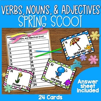 Preview of Spring Verbs, Nouns, and Adjectives Write the Room Easter Grammar Scoot Game