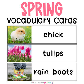 Preview of Spring Vocabulary Cards, Spring Word Wall Writing Center Cards - Real Pictures