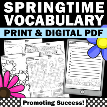 Preview of Spring Word Search Crossword Puzzle Coloring Sheets Spring Break Activities Pack