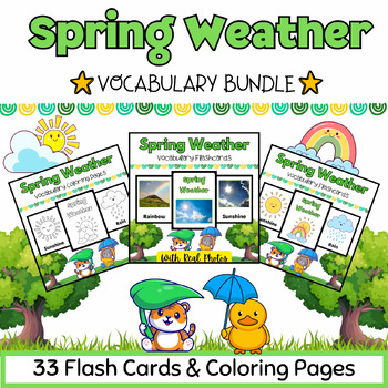 Preview of Spring Weather Coloring Pages & Flashcards BUNDLE for PreK-K Kids- 33 Printables