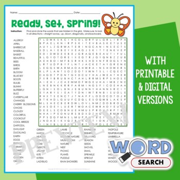 Preview of Difficult Spring Word Search Puzzle 5th 6th Grade Worksheet Vocabulary Activity