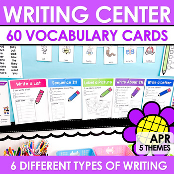 Preview of April Writing Center with Themed Vocabulary Cards and Spring Writing Activities