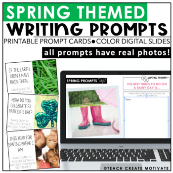 Preview of Spring Writing Prompt Cards w/ Real Photos, Sentence Starters, Creative Writing