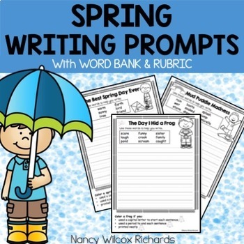 Preview of Writing Prompts for Spring for First and Second Grades, with Rubric