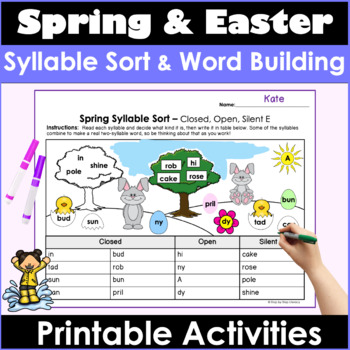 Preview of Spring and Easter Syllables Worksheets Sorting Word Building Activity Craft 