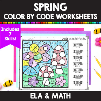 Preview of Spring color by number addition and subtraction facts within 20 & ELA